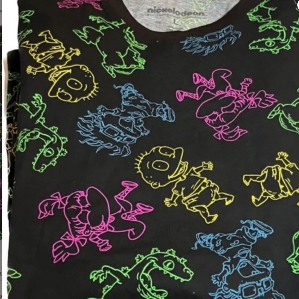 Rugrats Shirt Mens Large Black Neon‎ All Over Print Nickelodeon Cartoon Tee - Picture 11 of 11